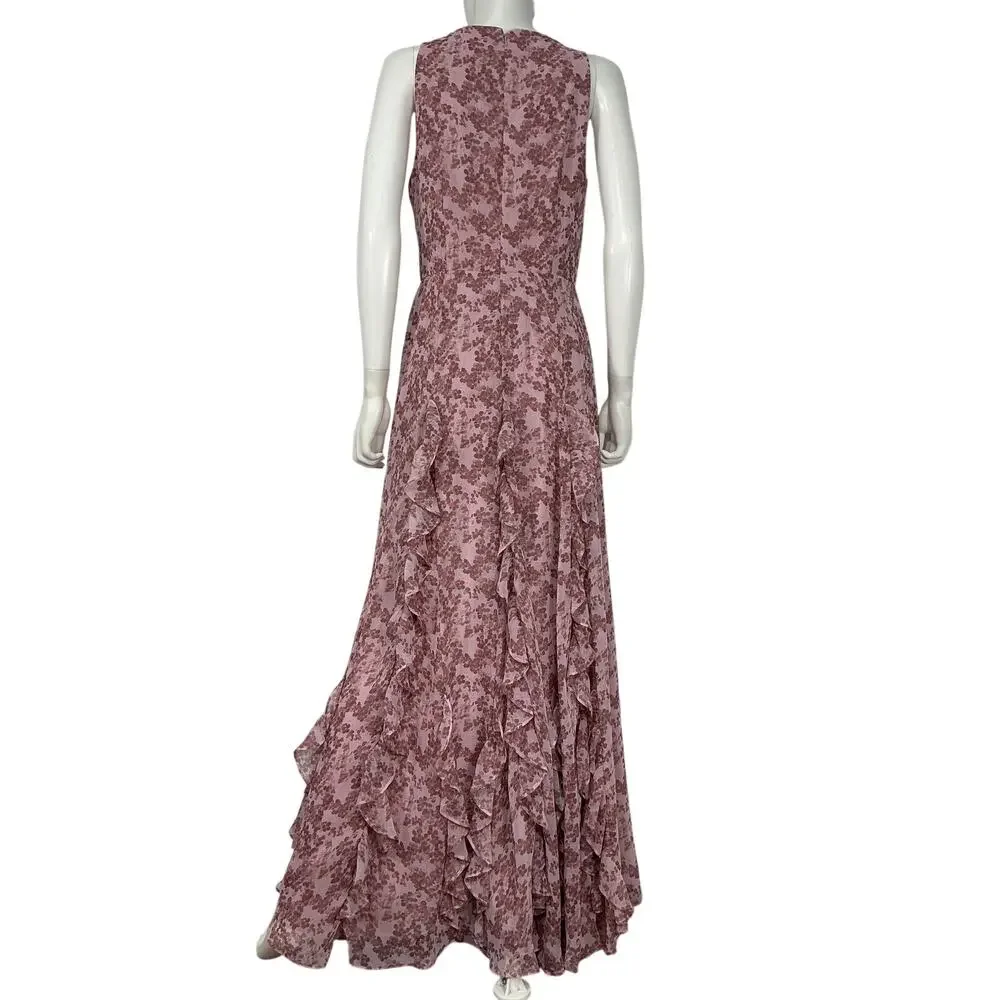 Mikael Aghal Elegant Lilac Ruffled Floral Chiffon Maxi Dress Size 8 - Picture 3 of 4
